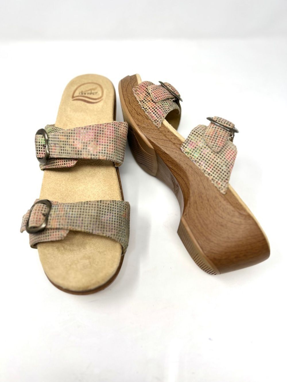 Dansko Sophie Sandals Stained Glass Sand Leather Buckle Wedge Slide Size 41